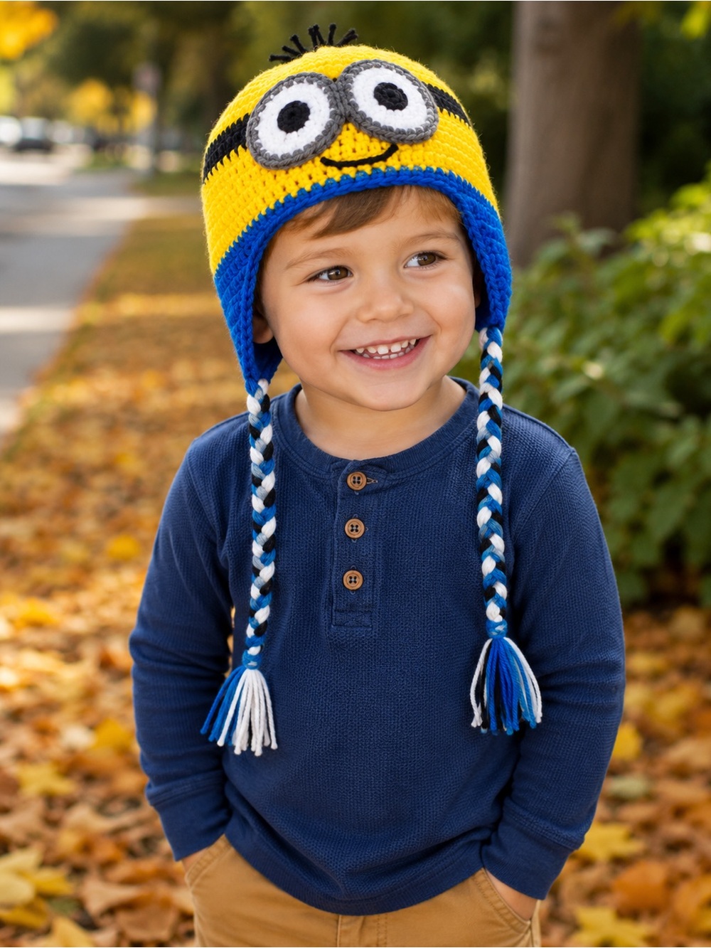 Crochet Minion Inspired Kids Hat Earflaps Braided Ties Toddler Child
